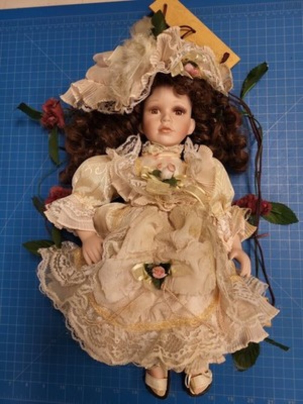 Cathay Collection Porcelain Doll Swing Floral Dress Lace Trim Collectible Decor
